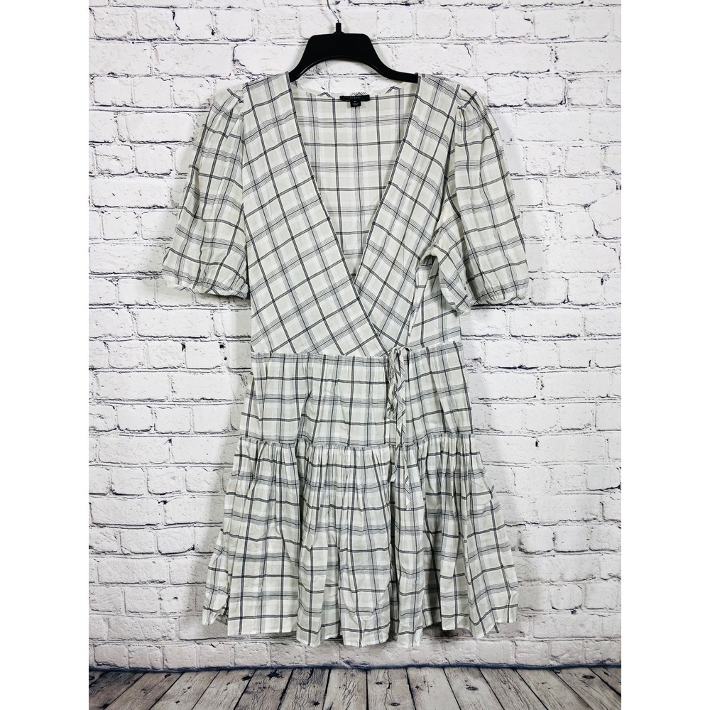 J.Crew Dress Womens M Wrap Plaid Tiered Puff Sleeve White Black Good Mini
